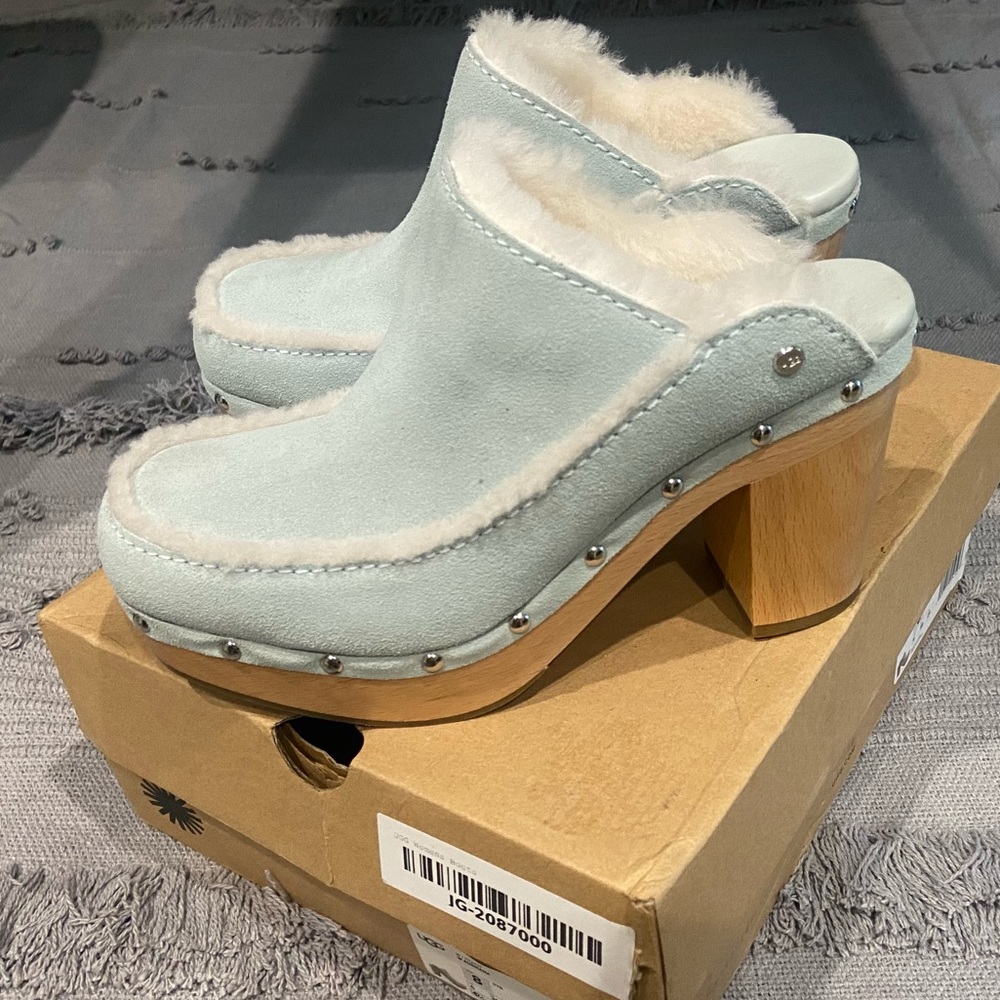 UGG Aubriana Clog 'Sky Grey" Icy Blue 3.5" Platform wood heel